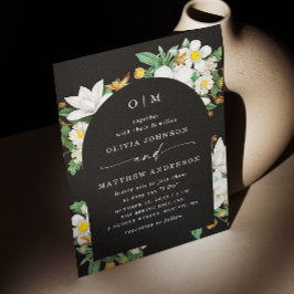 Svart valvbröllop. Elegant blomning Blommor + QR-k Inbjudningar