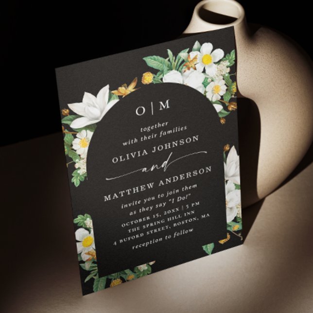 Svart valvbröllop. Elegant blomning Blommor + QR-k Inbjudningar (Skapare uppladdad)
