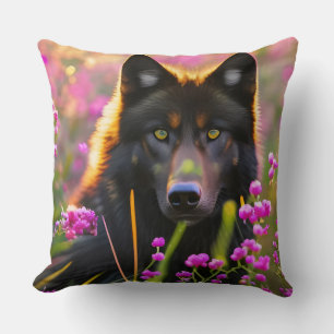 Svart varg i rosa blommor kudde