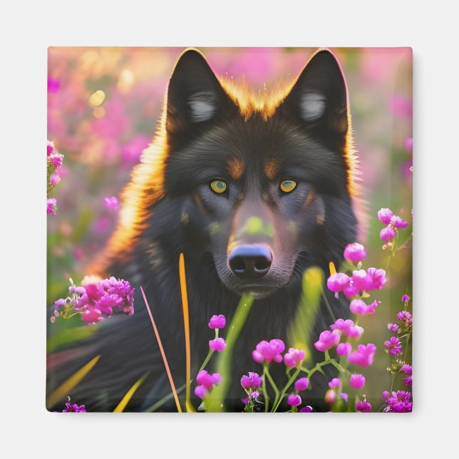 Svart varg i rosa blommor magnet (Framsidan)