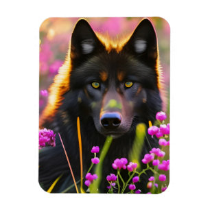 Svart varg i rosa blommor magnet