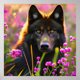 Svart varg i rosa blommor poster