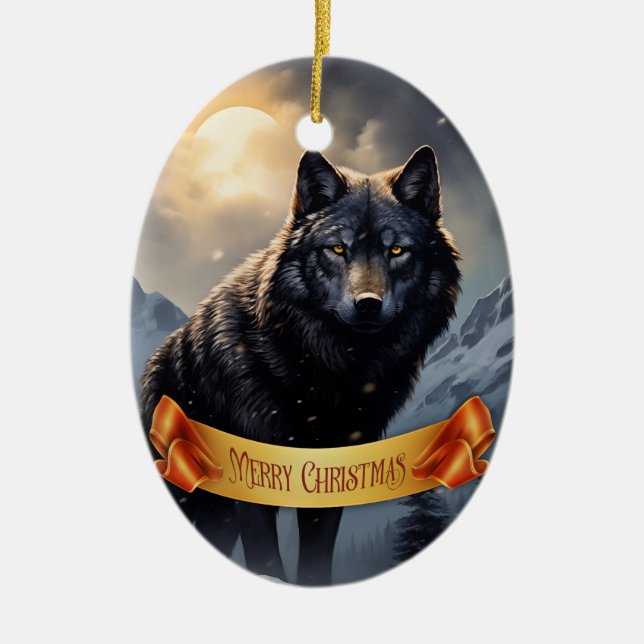 Svart Varg i Snowy Mountains Julgransprydnad Keramik (Framsidan)