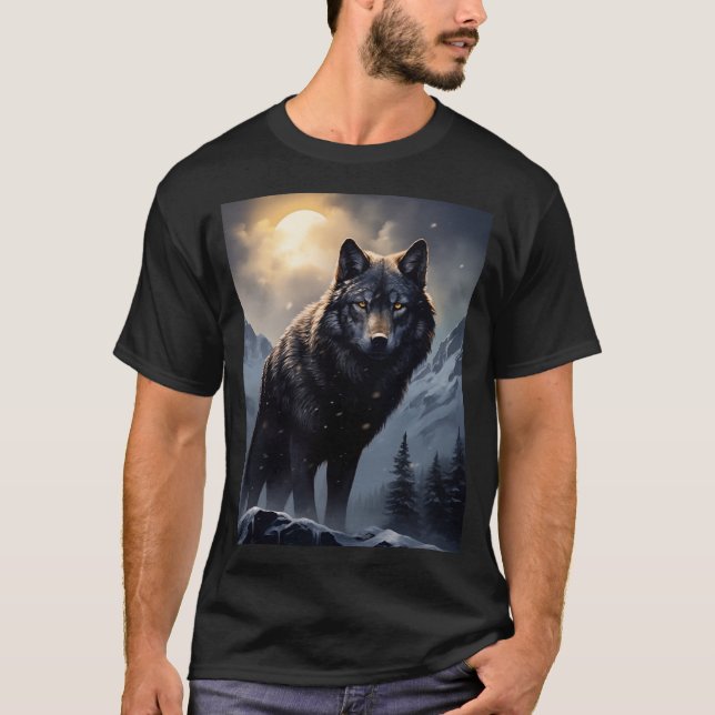 Svart Varg i Snowy Mountains T Shirt (Framsida)