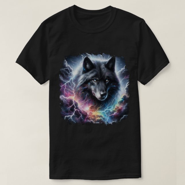 Svart Varg med Blixt T Shirt (Design framsida)