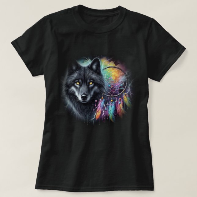 Svart Varg med en Dreamcatcher T Shirt (Design framsida)