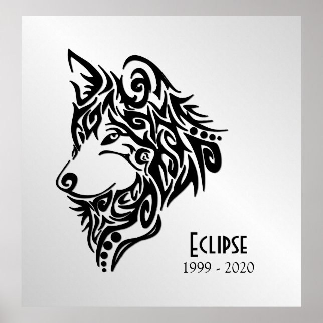 Svart varghuvud med namn och datum poster (Framsidan)