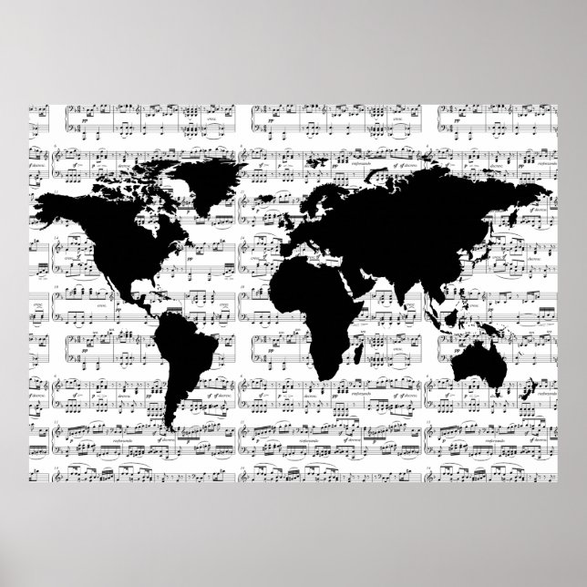 Svart världskarta med musik noter poster (Framsidan)