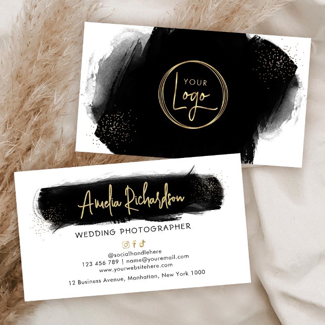 Svart vattenfärg och Guld Logotyp Elegant Salon Sp Visitkort (Black watercolor and faux gold business cards design)
