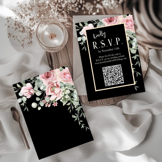 Svart Vattenfärg Rosa Blommig Bröllop OSA Kort (Black Pink and Gold Floral Boho Wedding RSVP)