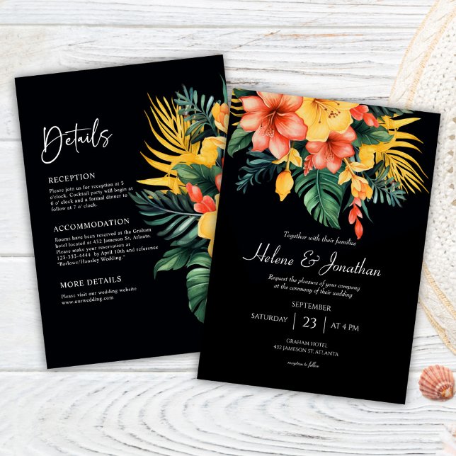 Svart vattenfärg, tropisk allt på en Bröllop Inbjudningar (Black Watercolor Tropical All In One Wedding Invitation)
