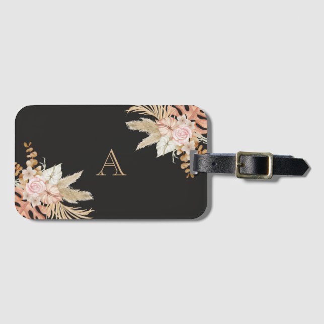 Svart vattenfärgad Blommigt Monogram Rosa Flowers Bagagebricka (Framsida horisontal)