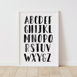 Svart vattenfärgsAlphabet ABC Nursery Decor Poster