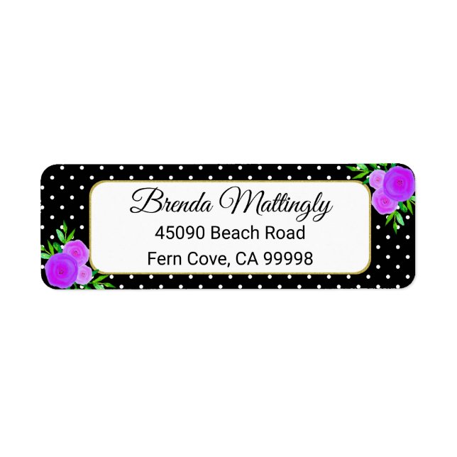 Svart vattenfärgsfärg Lila Blommigt Dot, Returadre Returadress Etikett (Framsidan)