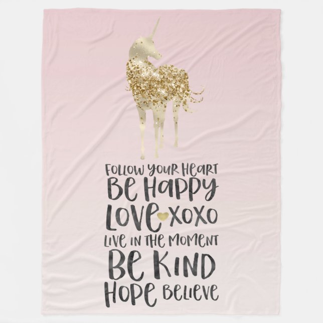 Svart vattenfärgsinspiration Guld Unicorn Fleecefilt (Framsidan)