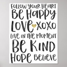 Svart vattenfärgsinspiration Ord Guld Heart Poster