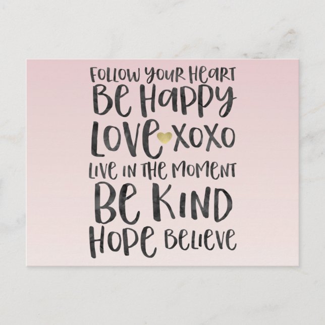 Svart vattenfärgsinspiration Ord Guld Heart Vykort (Framsida)