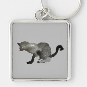 Svart vattenfärgsmonokrom katt fyrkantig silverfärgad nyckelring