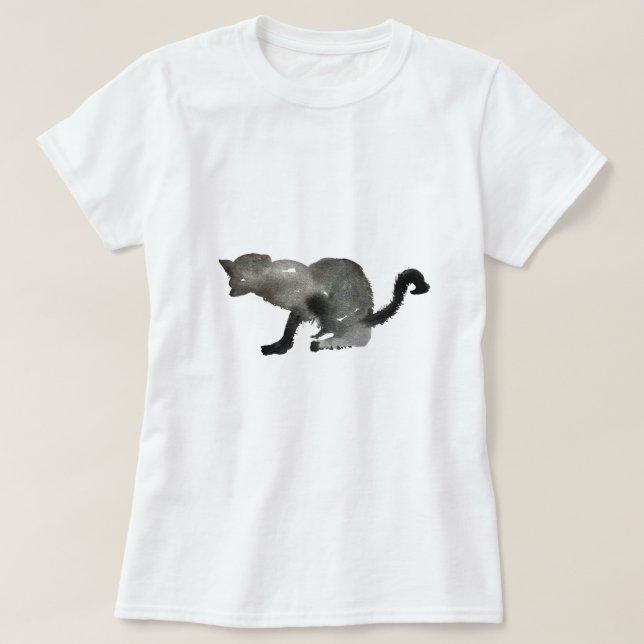 Svart vattenfärgsmonokrom katt t shirt (Design framsida)