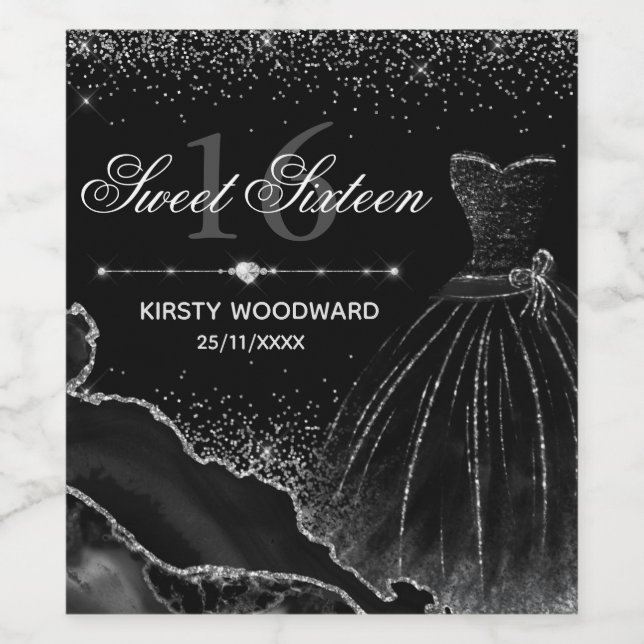 Svart vattenfärgstryck och Silver Glitter Sweet 16 Vinflaska Etikett (Singel etikett)