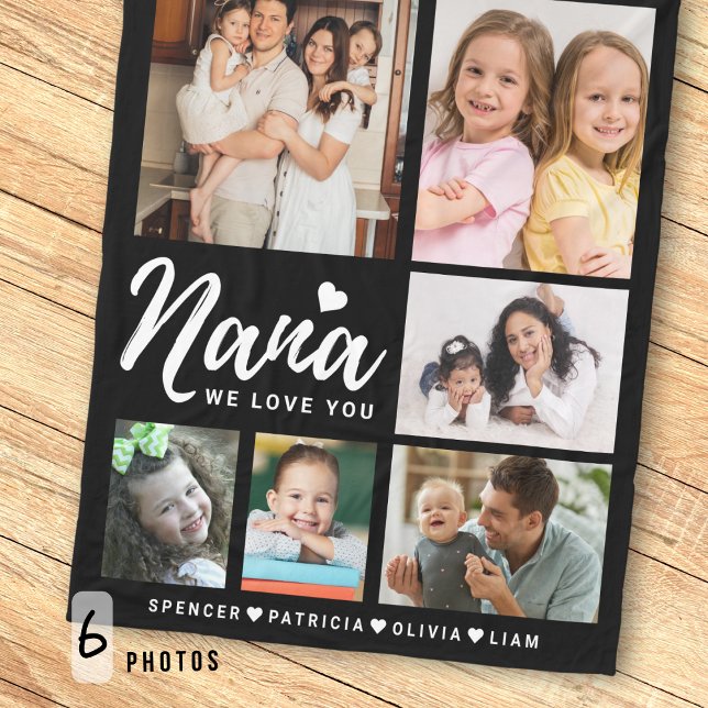 Svart Vi älskar dig Nana Barnbarn 6 Foto Collage Fleecefilt (Skapare uppladdad)