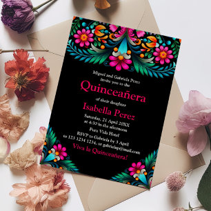 Svart Vibrerande Blommig Quinceanera Mexikansk Fie Inbjudningar