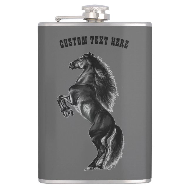Svart Vild Horse Flask - Anpassningsbar Text och F Fickplunta (Framsidan)