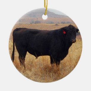 Svart vinkelrät Steer-bete med herd Julgransprydnad Keramik