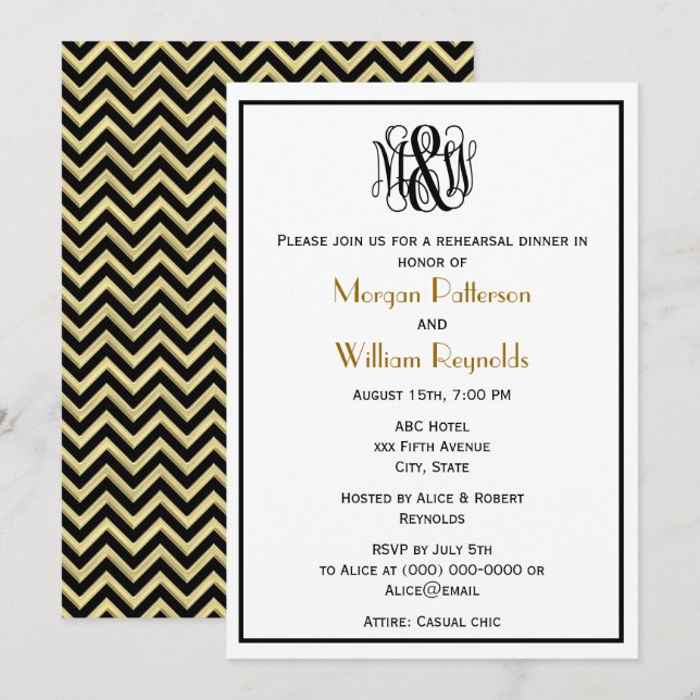 Svart vinskriptmonogram DIY BG Rehearsal Chev Inbjudningar (Fram/baksida)
