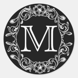 Svart Vintage Blommigt Monogram Runt Klistermärke