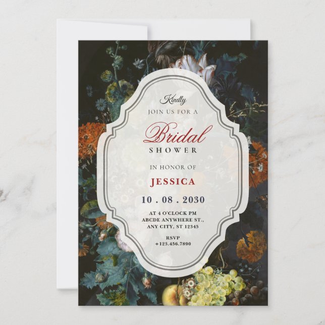 Svart vintage blomsterbukett konst bröllopsdusch inbjudningar (Framsida)