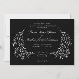 Svart Vintage Botanisk Elegant Lövbröllop Inbjudningar