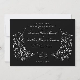 Svart Vintage Botanisk Elegant Lövbröllop Inbjudningar