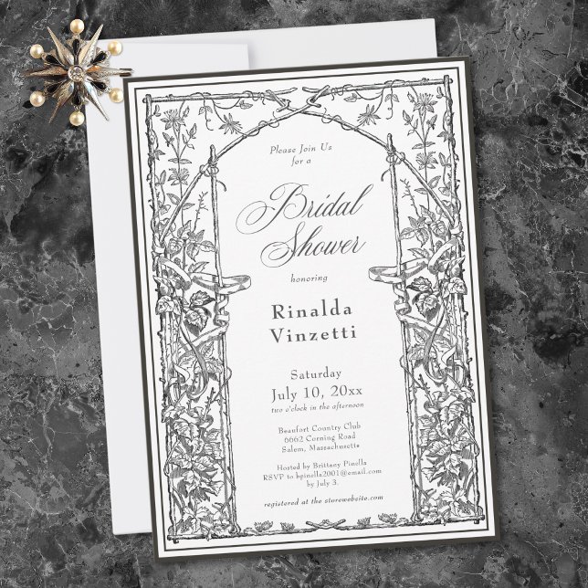 Svart Vintage Botanisk Trädgård Bröllopsdusch Inbjudningar (Black Vintage Botanical Trellis Bridal Shower Invitation)