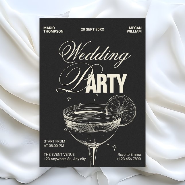 Svart vintage cocktail-bröllopsfest inbjudningar (Skapare uppladdad)