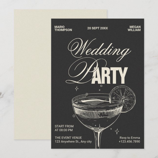 Svart vintage cocktail-bröllopsfest inbjudningar (Fram/baksida)