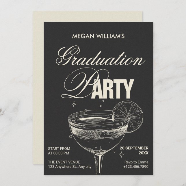 Svart vintage cocktail-studentfest inbjudningar (Fram/baksida)