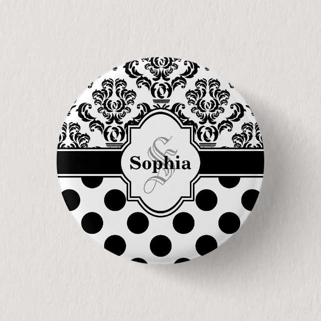 Svart Vintage Damask Cute Polka dots Knapp (Framsida)
