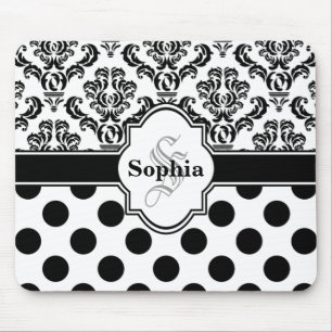 Svart Vintage Damask Cute Polka dots Musmatta