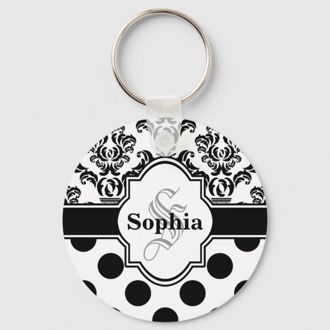 Svart Vintage Damask Cute Polka dots Nyckelring (Framsida)
