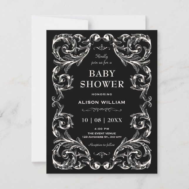 Svart Vintage Gotisk baby shower Inbjudningar (Framsida)