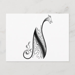 Svart Vintage Monogram N Script Blommig Vykort