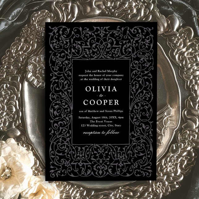 Svart Vintage Ornamentalt Ram Klassisk Bröllop  Inbjudningar (Black Vintage Ornate Frame Classic Wedding Invitation)
