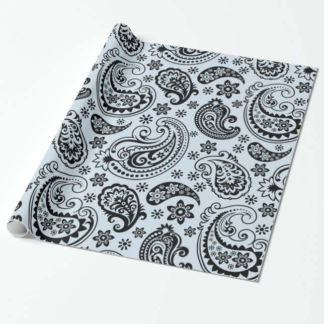 Svart Vintage Paisley Light Blue-bakgrund Presentpapper (Utrullad)