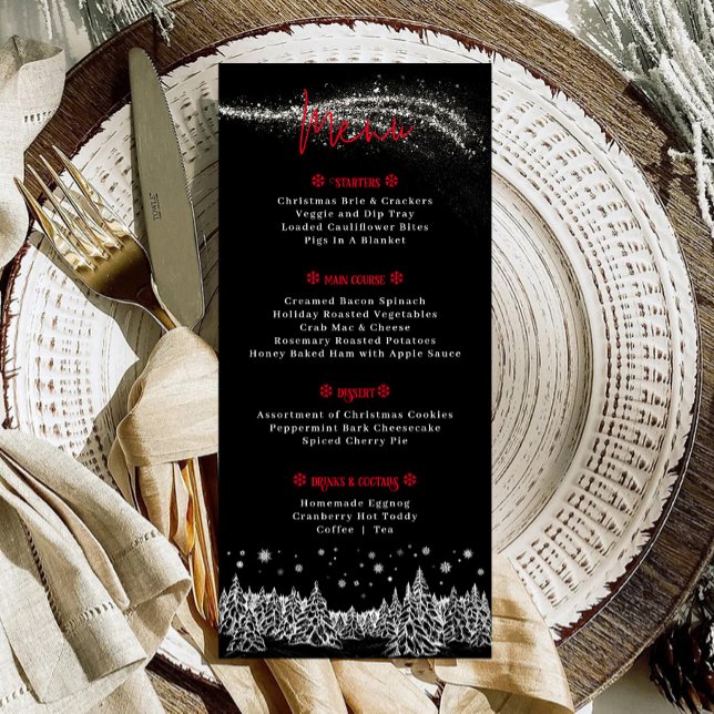 Svart Vinter Högtid Jul Middag Meny (Winter Christmas Dinner Black Menu)