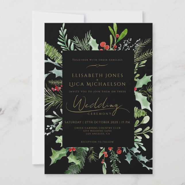 Svart Vinterbärsblad Botanisk Monogram Bröllop Inbjudningar (Framsida)