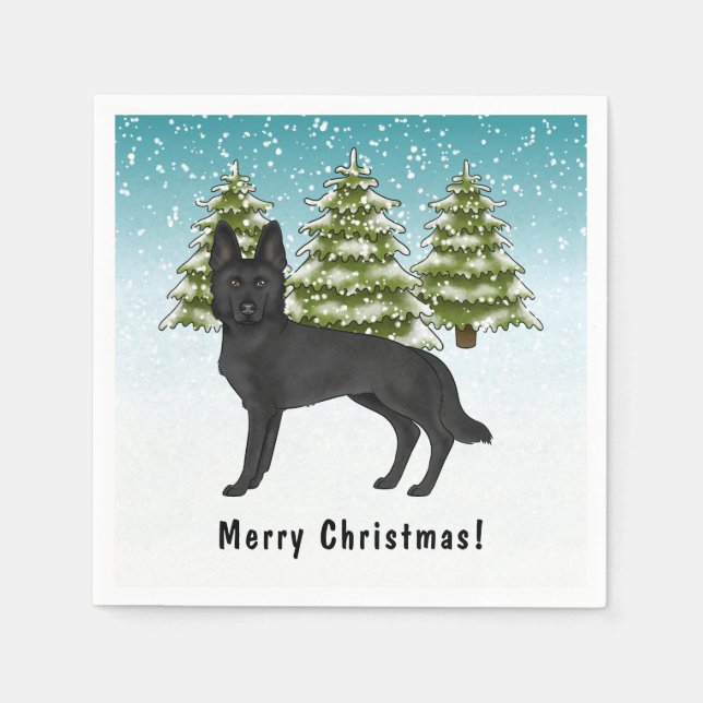 Svart vinterbild på tysk schäferhund med text pappersservett (Framsidan)