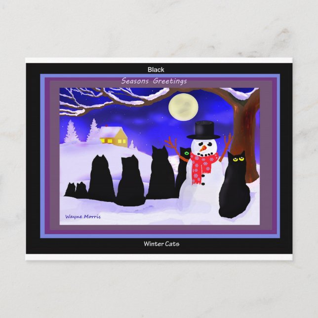 Svart vinterkatt - julkort helg vykort (Framsida)