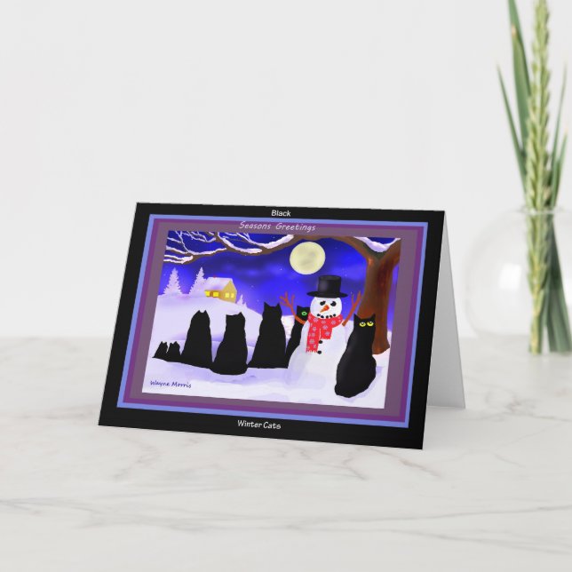 Svart vinterkattjulkort helgkort (Framsida)