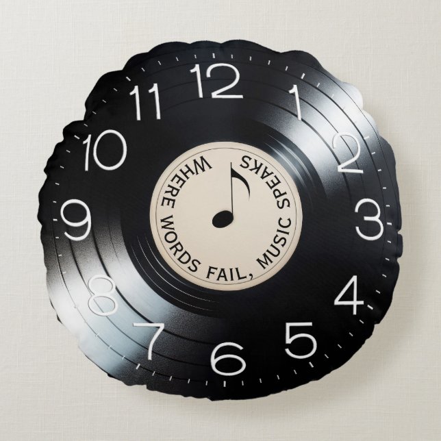 Svart vinylpostalbum med citat rund kudde (Framsidan)